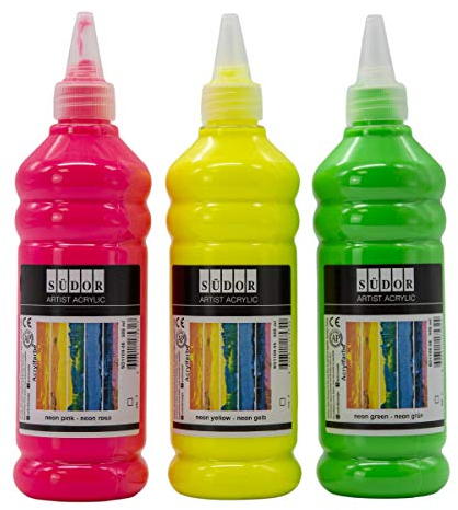 SÜDOR Neon-Acrylfarben-Set. 3 Farben x 500 ml – Geeignet für Acryl-Pouring. Hochpigmentierte, fluoreszierende Künstler-Malfarbe zum Bemalen auf Holz, Leinwand, Stein, Papier usw. (NEON SET)