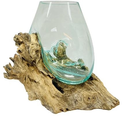 My Family House Melted Glass Bowl on Wood Fair Trade Handmade Ornament Various Sizes Unique Eco-Friendly Recycled Molten Glass on Driftwood Rustic Log Base 30 x 40cm
