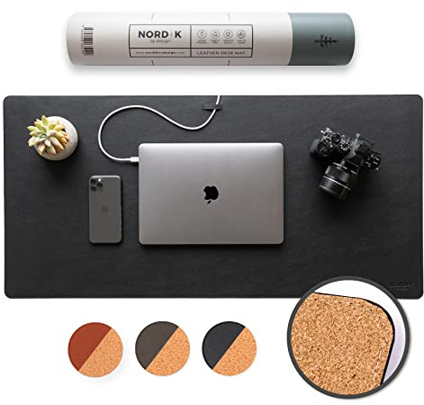 Nordik Kork Leder Schreibtischunterlage Kabelorganizer (Pebble Black 89 x 43 cm) Premium Erweitertes Mauspad für Home Office Zubehör - Rutschfestes veganes Leder Schreibtischunterlage Schutz