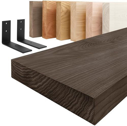 LAMO Manufaktur Holzregal mit schwarzen L-förmigen Halterungen | Wand Regal 140 cm breit für Badezimmer, Flur, Küche im Industrial-Stil | Farbe: Schwarz, Kante: gerade | Massivholz, Vintage-Charakter