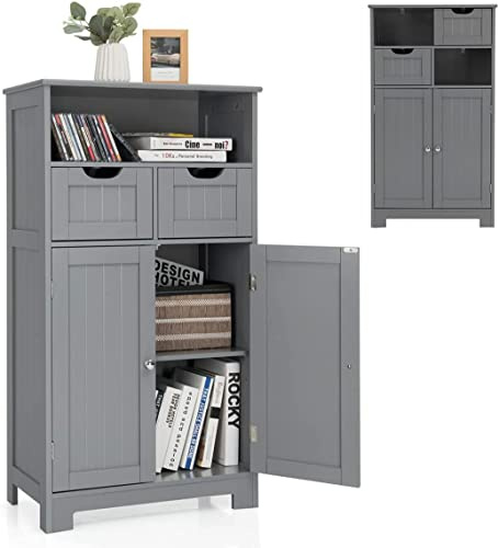 RELAX4LIFE Badezimmerschrank mit höhenverstellbarem Ablage, freistehender Badschrank, Badkommode mit 2 Schubladen & offenem Regalfach & Doppeltür, für Badezimmer & Wohnzimmer & Küche & Flur (Grau)