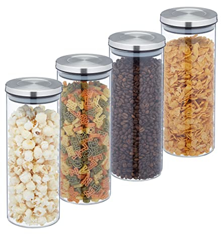 Relaxdays Vorratsgläser 4er Set, 1,3 L, luftdicht, Edelstahldeckel, Vorratsdose für Küche, Nudelglas, transparent/silber