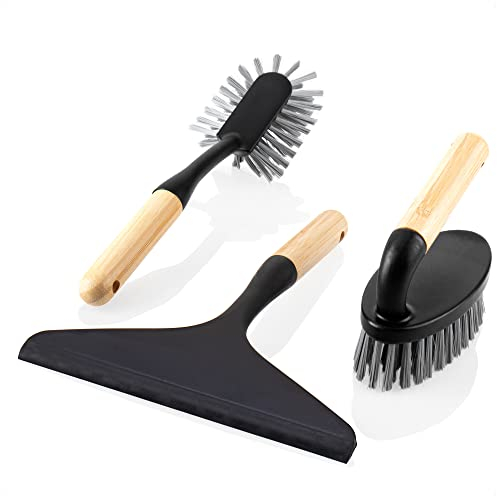 COM-FOUR® Kit de Nettoyage en 3 Parties - Brosse à Main, Brosse à Vaisselle et raclette à vitres - Kit de démarrage de Nettoyage ménager en Bambou et Plastique (03 pièces. Noir/Bambou)