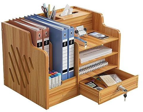 Catekro Schreibtisch Organizer Holz, Briefablage Ablagefächer mit Schublade, Bürozubehör, Ordnungssystem Büro mit Aktenhalter für Büro Bedarf Dokumentenablage Braun