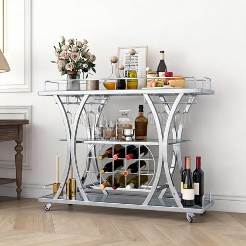 FABOMEI Silver Bar Carts with Glass Holders & Wine Rack, 3 Tier Home Bar Serving Carts with Glass Shelves, Metal Rolling Bar Carts for The Home Kitchen, Party