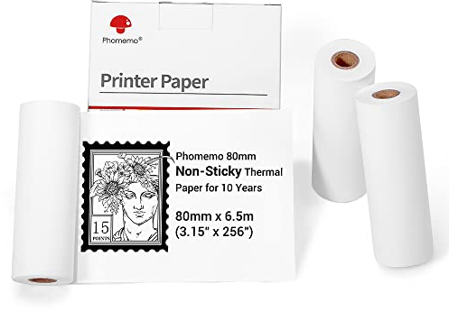 Phomemo 80 mm de papier thermique blanc non adhésif pour imprimante M03/M03AS/M04S/M04AS 80 mm x 6.5 m 10 ans conservation noir sur blanc pour autocollants, journal, texte, notes d'étude, 3 rouleaux