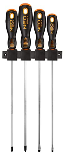 NEO TOOLS Schraubendreher, 4-er Set, S2-Stahl, magnetisches Endstück | Größen: Schlitzschraubendreher 5x250 mm, 4x250 mm, Kreuzschraubendreher PH2x250 mm, PH1x250 mm
