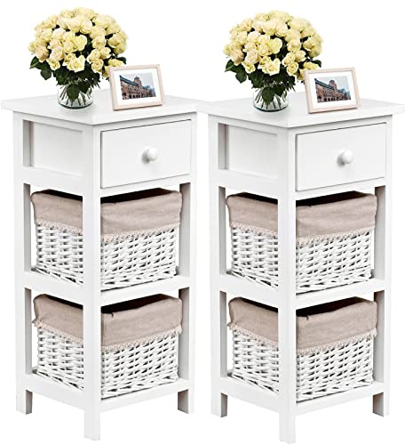 GIANTEX Lot de 2 Table de Chevet avec Panier d'Osier Amovible & 1 Tiroir, Table de Nuit Style Antique, en Bois Massif, pour Chambre à Coucher (Blanc, Lot de 2)