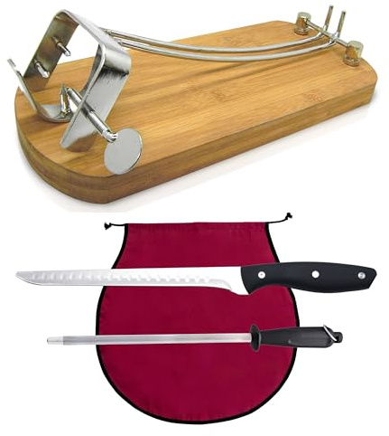Nerthus FIH 1216 set support jambon pliable acier et bambou couteau à jambon aiguiseur et housse jambon bordeaux pour couper le jambon