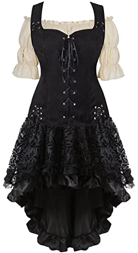 Mittelalter Kleid Damen Kleidung Renaissance Weste Bluse Rock 3PCS Piraten Kostüm Gothic Mantel Steampunk Cosplay Halloween Karneval Schwarz XS