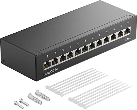 deleyCON CAT 6 Patchpanel Verteilerfeld 12 Port 1 HE RJ45 - Schwarz | Desktop & Wandmontage, geschirmt, 12x RJ45 Buchse, LAN Netzwerk Verlegekabel, TIA568A TIA568B, RAL 9005