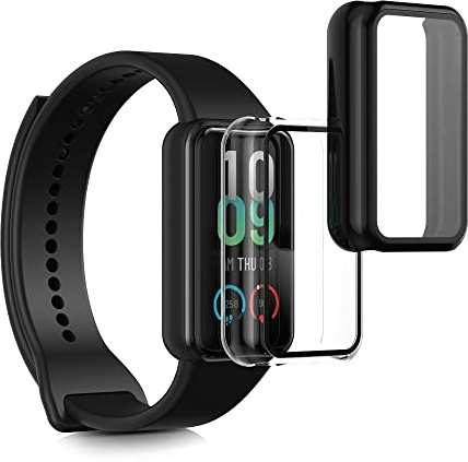 kwmobile Carcasa Compatible con Huami Amazfit Band 7 Funda - 2X Protector Pantalla Completo de Cristal Templado - Ultrafino y antigolpes - Negro/Transparente