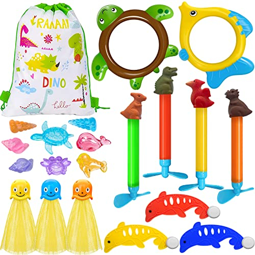 21 Stück Pool Spielzeug,Wasserspielzeug Kinder Outdoor Tauchspielzeug mit Tauchringe für Kinder, Edelsteine, Tauchstäbe, Delfinespielzeug, Oktopus, Schwimmbad Spielzeug Jungen Mädchen mit Tragetasche