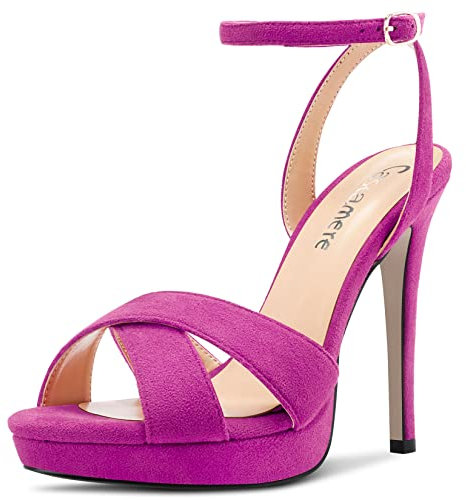 Castamere Mujer Aguja Alto High Plataforma Heel Abierta Punta Correa Tobillo Sandalias de Boda Baile 12 CM Heels Fucsia 37 EU