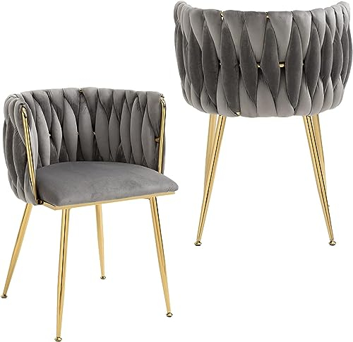 SUPPNEED Samt Esszimmerstühle 2er Set, Stühle Esszimmer mit Armlehne，Küchenstühle mit handgeflochtenen Rückenlehne, Schminktisch Stuhl mit Goldene Metallbeine, Sessel
