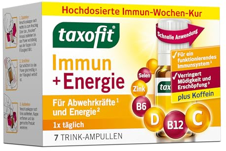 taxofit Immun + Energie mit Koffein | 7 Trinkampullen | Für Immunsystem & Energie | Hochdosierte Kur gegen Müdigkeit & Stress