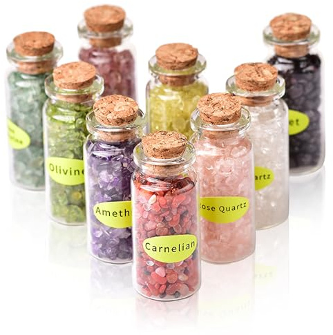 EnMart 9PCS Crystal Gemstone Bottles Set, Healing Crystal Tumbled Stones Collection Kit, Mini Natural DIY Craft Quartz Gravel Wishing Bottle for Yoga, Reiki, Healing, Meditation, Chakra Balance