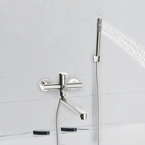 Badewannenarmatur mit Handbrause Wannenarmatur Aufputz Edelstahl gebürstet Wannenbatterie mit Umsteller Einhebel Armatur Mischbatterie mit 1.5m Duschschlauch