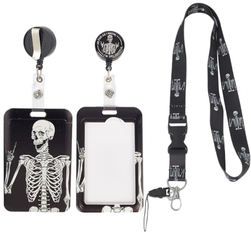 SUNNYCLUE 1 Box Halloween Ausweisband Totenkopf Einziehbare Ausweisrolle Clip Ausweishalter Horror Lustiges Skelett Schwarz Ausweisband Niedliches Namensschild Vertikaler Ausweisschutz Abreißbar Für M