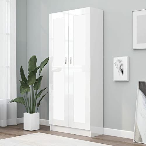 Festnight Bücherschrank Wohnzimmer Vitrinenschrank aus Holz Mehrzweckschrank Standvitrine Vorratsschrank Wohnzimmerschrank Hochglanz-Weiß 82.5 x 30.5 x 185.5 cm Holzwerkstoff