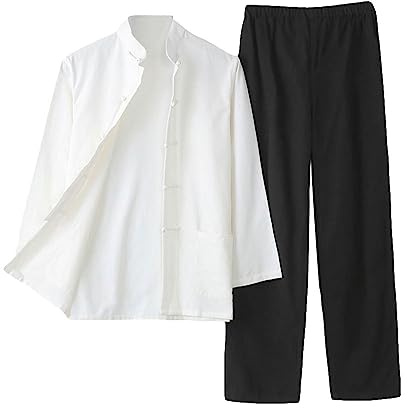 G-LIKE Kinesisk traditionell kampsport kostym Kung Fu Tai Chi klassisk Tangzhuang långärmad skjorta byxor träningsuniform träningsoverall, Vit-svart, M