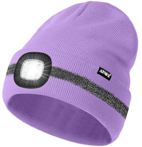 ATNKE LED-mössa med ljus, uppladdningsbar USB 4 LED-upplyst löparmössa, extremt ljus lampa, vinter, varm stickad mössa med reflekterande ränder för män och kvinnor, presenter, Taro lila, one size