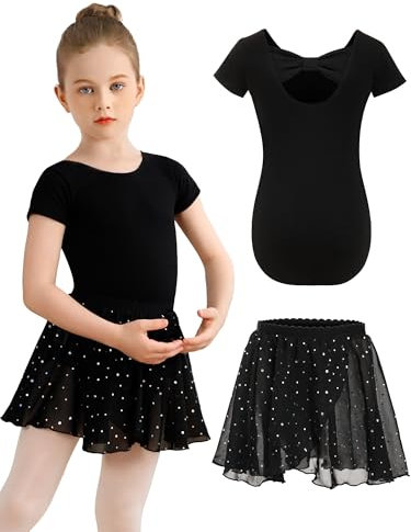 Eisnnu Kinder Ballettkleidung Mädchen Zweiteilig Ballettkleid Baumwolle Kurzarm Balletttrikot Mit Pailletten Chiffonrock Tütü (DE/NL/SE/PL, Numerisch, 120, Regular, Schwarz)