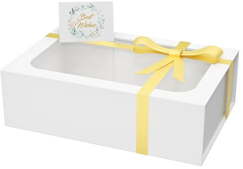 PSHVYM Große Geschenkbox mit Fenster, 34,9 x 22,9 x 10,9 cm, weiße Geschenkbox für Geschenke, magnetische Deckel, zusammenklappbar, für Brautjungfernantragsbox, Hochzeit, Geburtstag, Weihnachten,