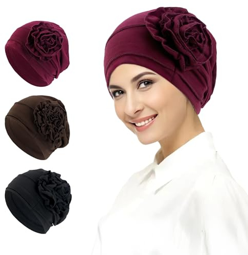 OPUHOHR 3 Stück Blumen Turban Mütze für Frauen, Islamische Muslimische Unterschal