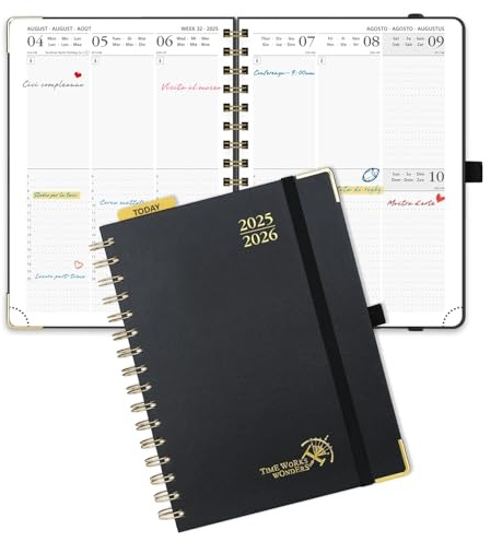 POPRUN Kalender 2025 2026 Buchkalender Ringbuch mit Hardcover, ca. A5 (21,5 x 16 cm), 17-Monate-Terminplaner (Aug.2025-Dez.2026), Wochenplaner 2025 2026 mit Plastiklineal - Schwarz