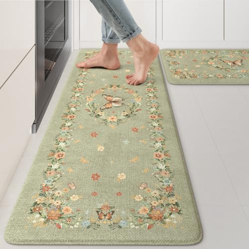 KIMODE Anti-Ermüdungs-Küchenmatten für Boden, Bauernhaus-Küchenteppiche, 2er-Set, gepolsterte Küchenbodenmatten, bequeme Stehmatte für Waschbecken, Waschküche, Büro, Schreibtisch, Grün, 43,2 x 119,4