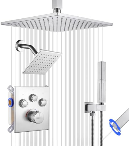 SHOYELA Thermostatic Shower System Brushed Nickel, Push Button Diverter Shower Faucet with 2 in 1 Handheld, Ceiling Mount 12 Inch Shower Head with 6 Inch Wall Mount Shower Head