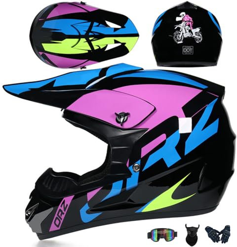 PAESCOY Jugend Motorradhelm Motocross Helm Kinder Erwachsene Cross Helms Herren ATV Motorradhelm MX Enduro Full Face MTB Helm DOT/ECE-Zertifizierter Mit Brille Maske Handschuhe Downhill Helm,Pink/D-M
