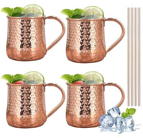 TJ Moscow Mule Mugs Set of 4, 17 oz Hammered Copper Cups with 304 Stainless Steel Lining and Copper Plated Handles, for Cold Drinks, Juice, Beer, Bars, Parties