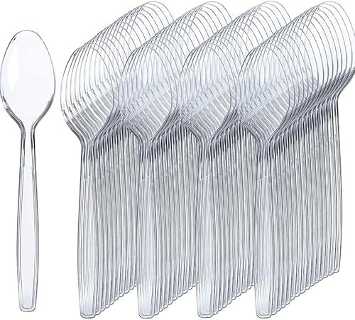 Pack of 100 Heavy Duty Clear Reusable and Washable Spoons Cutlery Tablespoon Perfect for Parties and Basic Everyday Tableware and Dinnerware