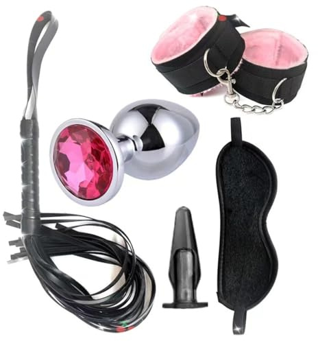 5-teiliges Plüsch-Bondage-Set für Erwachsene, verstellbares Handschellen-Peitschen-Kombi-Set-DERB38 (Rosa)