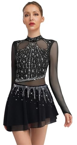 Sywiyi Robe De Patinage Artistique Femme Manches Longues Body Danse Classique Ballerine Gymnastique Avec Strass Robe De Danse Lyrique Contemporaine Col Haut Tenue Noir XL