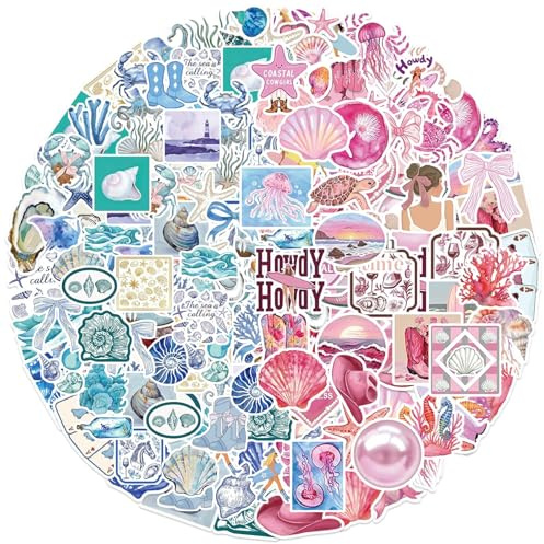 100 Pack Blue & Pink Seaside Stickers - Summer Beach Ocean Theme Waterproof Vinyl Decals for Teen Girls | Laptops, Water Bottles, Luggage, Skateboards