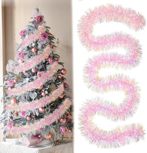 BSITSSS 5Pcs Christmas Tinsel, 2 Meters Pink Shiny Tinsel Garland, Christmas TreeTinsel 9 cm Wide, ChristmasDecorationsTinsel for Xmas Tree Stairs Home Party Office Decoration
