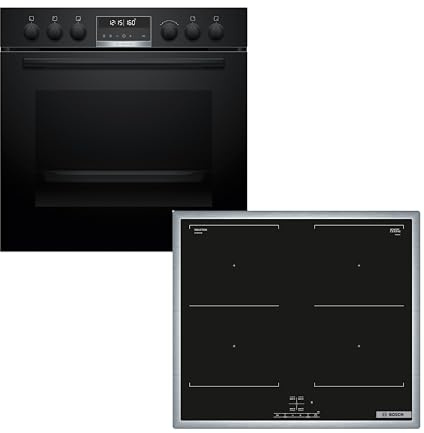 Bosch Einbauherd-Set HND677LS67, Serie 6 Einbau-Herd 60 cm mit Pyrolyse-Selbstreinigung und 3D-Heißluft HEB578BB4, Serie 4 Induktionskochfeld 60 cm herdgesteuert, Combi Zone und Power Boost NVQ645CB6E