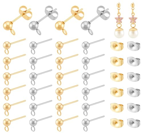 PH PandaHall 100pz Perni per Orecchini Placcati Oro 24K Perno a Sfera con Passante in Acciaio Inossidabile 4mm Perni a Sfera per La Creazione di Gioielli Fai Da Te