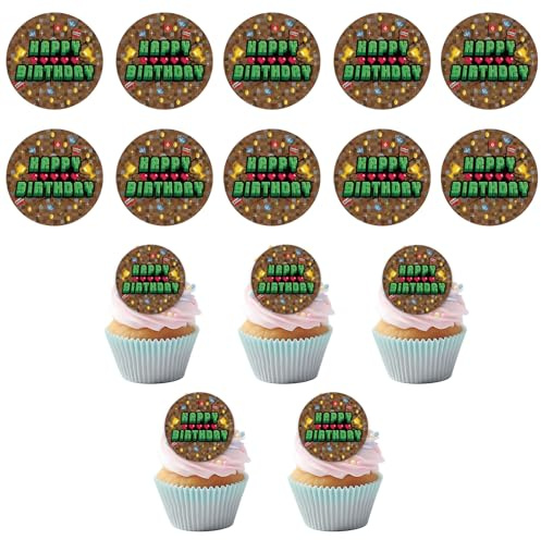 15pcs Rondes Décorations Comestibles pour Gâteaux, 5cm Pixel Papier Gaufré Prédécoupées Cupcakes Décorations Fournitures Dessins Animés Décoration pour Enfants Adultes Pixel Style Anniversaire Fête