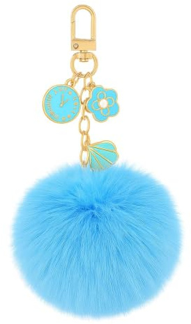 DONWOIE Schlüsselanhänger Pom Pom flauschig mit Ball, glitzerndem High Heel, Uhr und bunten Verzierungen. Süßes Geschenk – Blau.