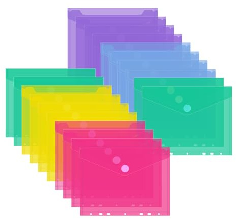 JEFURE A5 Dokumententasche, mit Klettverschluss, 20 Stück, 5 Farben | Durchsichtige Dokumentenmappe, Wasserabweisend, 7-Loch, für Dokumente Organisation, Büro und Schule