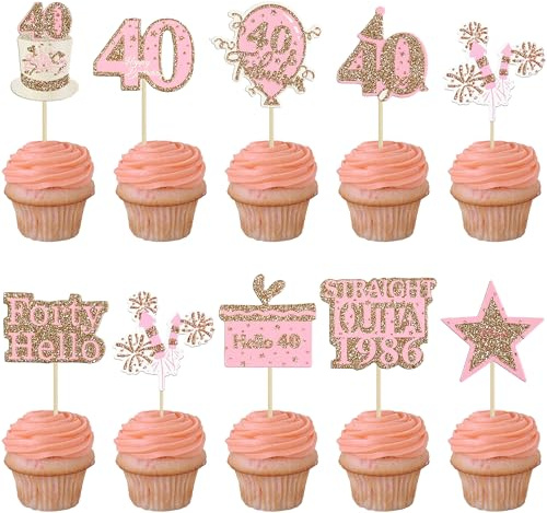 Gyufise 36Pcs Happy 40th Birthday Cupcake Toppers Glitter Rose Gold Forty Straight Outta 1986 Cupcake Picks 40 Fabulous Cheers to 40 Years Cake Decorations for 40th Birthday Party Supplies
