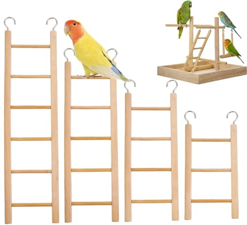 4 Pcs Wooden Bird Ladder with 3, 4, 5 and 6 Steps, Cage Toy Set | Natural Bird Cage Accessories, Climbing Toys For Parakeets, Budgies And Parrots