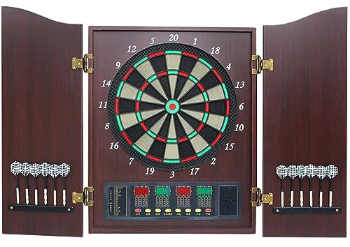 Juego De Diana Electrónica con Gabinete De Madera, 4 Pantallas Led Y 12 Dardos De Punta Blanda - Diana Digital Profesional para Salas De Juegos Familiares Brown