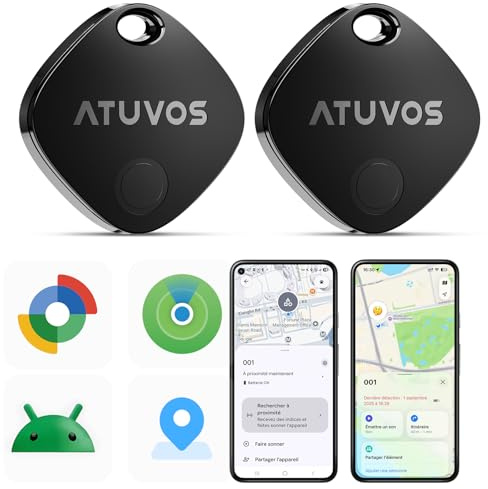 ATUVOS Air Tag Pro Smart Tag Tracker per Android & iOS, Dual System Localizzatore Bluetooth Funziona con Google Funzioni Trova o Apple Dov'è APP, per Bagagli, Borse.Batteria Sostituibile. 2 pezzi Nero