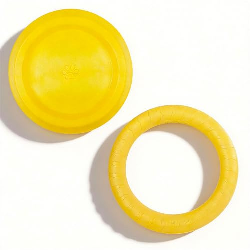 Potaroma 2-Pack EVA Dog Tug Ring & Flying Disc Set, Large Chew-Friendly Pull Ring + Soft Flexible Disc, Floatable Water Play Toys, Bright Yellow Interactive Fetch & Tug Toys for Small Medium Dogs