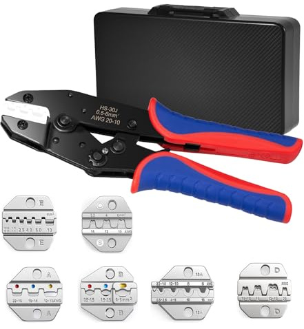 Juego de alicates de crimpado de trinquete con 6 inserciones intercambiables, alicates de crimpado de carga pesada para conectores termocontraíbles, cables aislados/sin aislamiento, férulas